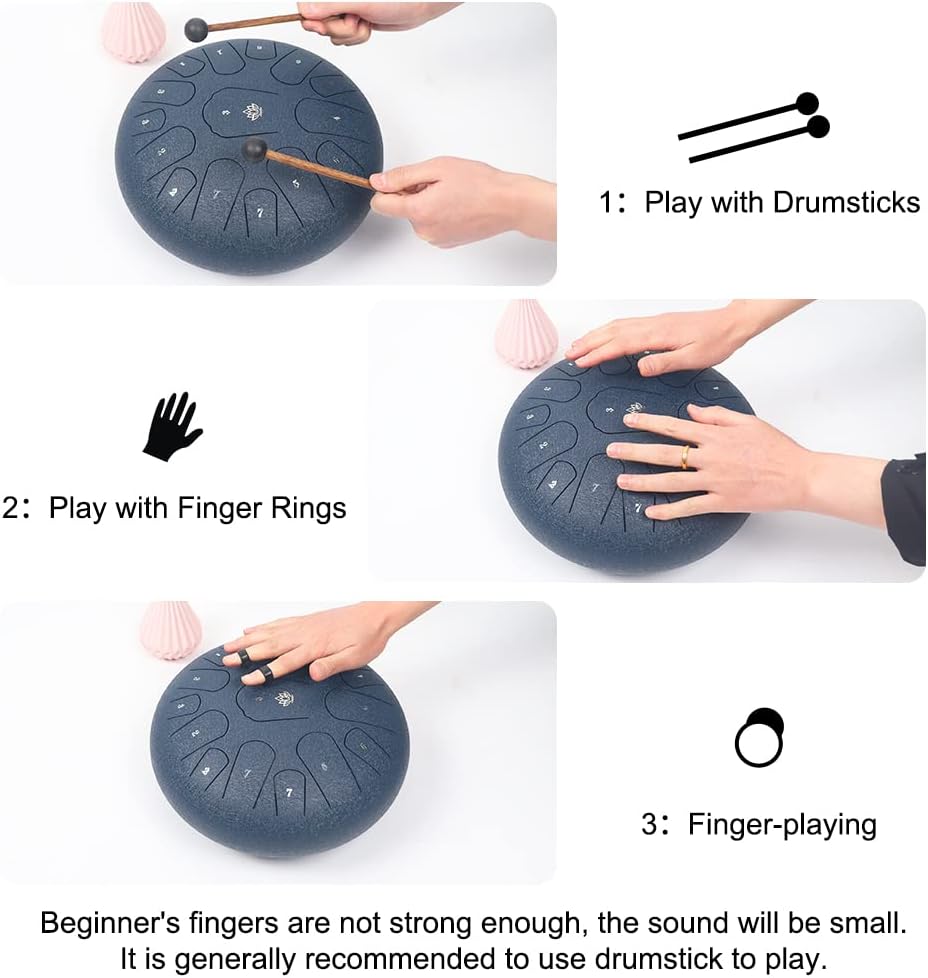 Rain Drum for Outside Garden,Steel Tongue Drum 12 Inches 15 Notes Musical Instruments, Handpan Drum Percussion Instrument, with Soft Bag, Music Book, 2 Mallets, for Meditation or Yoga(Navy Blue)