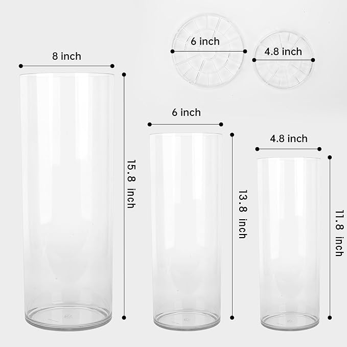 Extra Large Acrylic Cylinder Clear Vase for Floor, Tall Big Wide Mouth Plastic Unbreakable Hurricane Flower Vases of 3 for Home Decor (D 8" X H 15.8", D 6", D 4.8" + 2 Holder)