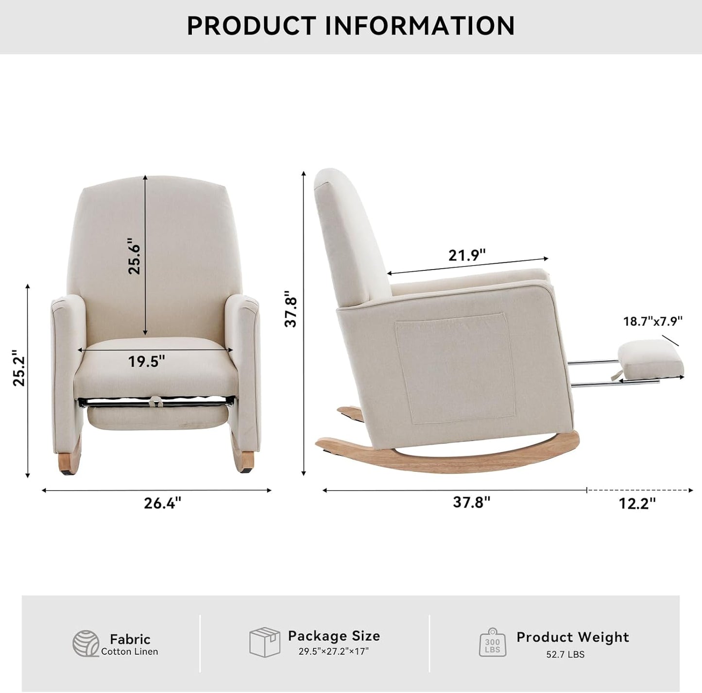 FOXHUNTER Rocking Chair Nursery with Adjustable Footrest and High Backrest, Upholstered Glider Chairs with Side Pockets for Nursery, Rocker Armchair Indoor for Living Room,Light Gray