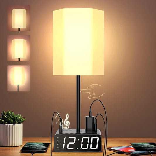 Table Lamp Alarm Clock with USB Ports and AC Outlet, Beside Lamp with Charging Station Speakers and Radio, Power Outlet with Touch Control 3-Way Dimmable Nightstand Lamp for Kids Study Room, Bedroom