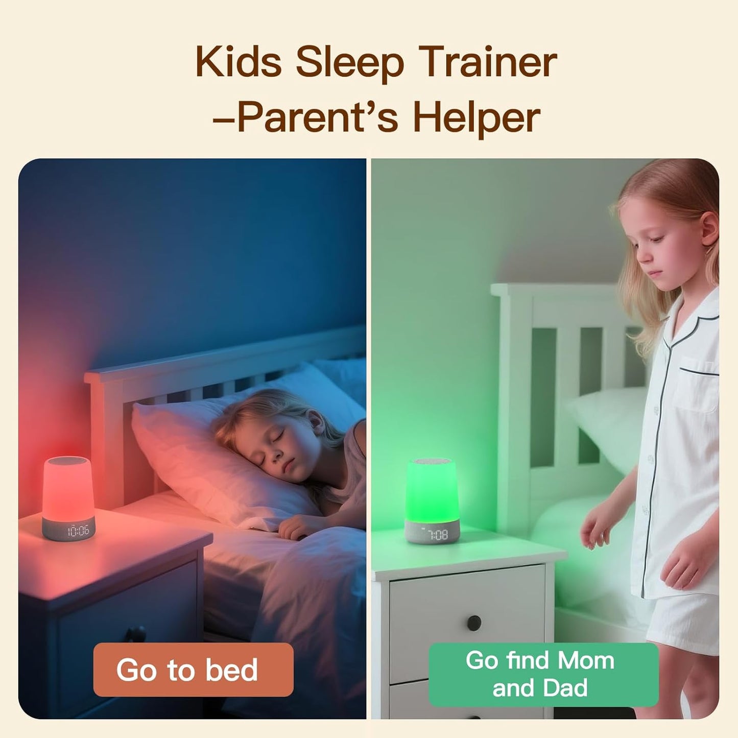 REACHER Sleep Trainer Alarm Clock for Kids, Night Light, White Noise Machine and OK to Wake Clock for Toddlers at Home or Travel, App-Free, Rechargeable