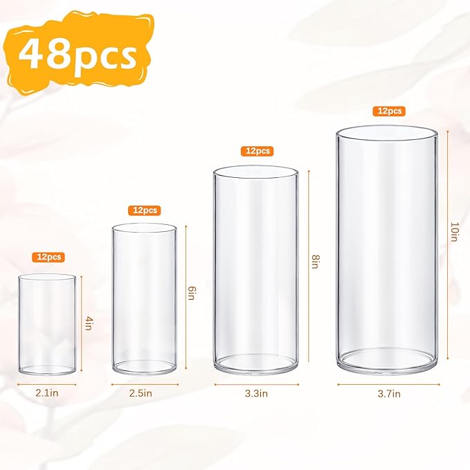 12 Pack Glass Cylinder Vases 4,6,8,10 Inch Tall Clear Flower Vase Hurricane Floating Candle Holder for Table Centerpiece Wedding Home Decor.