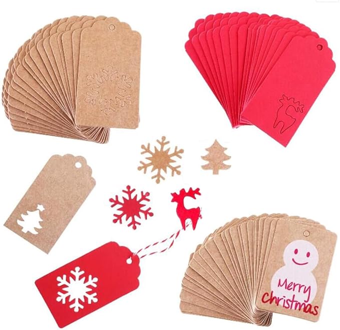 100 Pack Kraft Paper Christmas Gift Tags， Xmas Kraft Gift Tags with Jute Twine Baker Twine for DIY Xmas Holiday Present Wrap Stamp and Label Package Name Card