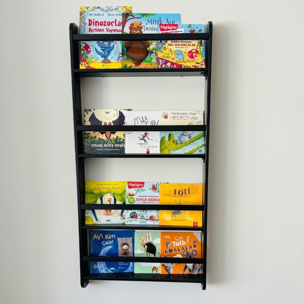 Handmade Solidwood Wall Mounted Montessori Kids Bookshelf, 4 Tier Book Display for Children Bedroom, Nursery Furniture Bookcase, Solid Wood Pine Tree Book Organiser for Living Room (Black)