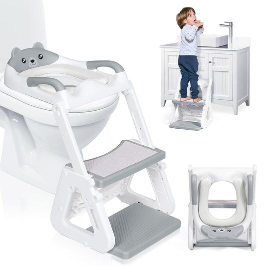 Orzbow 2-IN-1 Potty Training Toilet Seat with Step Stool for Toddler, Stability Training Potty Seat for Kids Boys Girls with Splash Guard and Anti-Slip Pad, Adjustable Ladder & Potty Seat Height, Grey