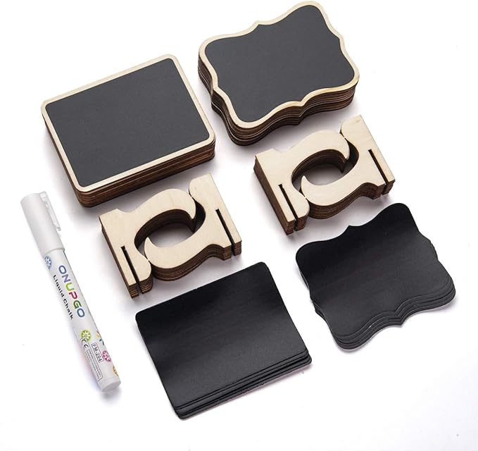 ONUPGO 20 Pack Mini Chalkboards Signs with 1 Liquid Chalk Marker, Small Wooden Chalkboard Labels with Support Easels, Place Cards Food Signs Blackboards for Table Numbers, Weddings, Party Decoration
