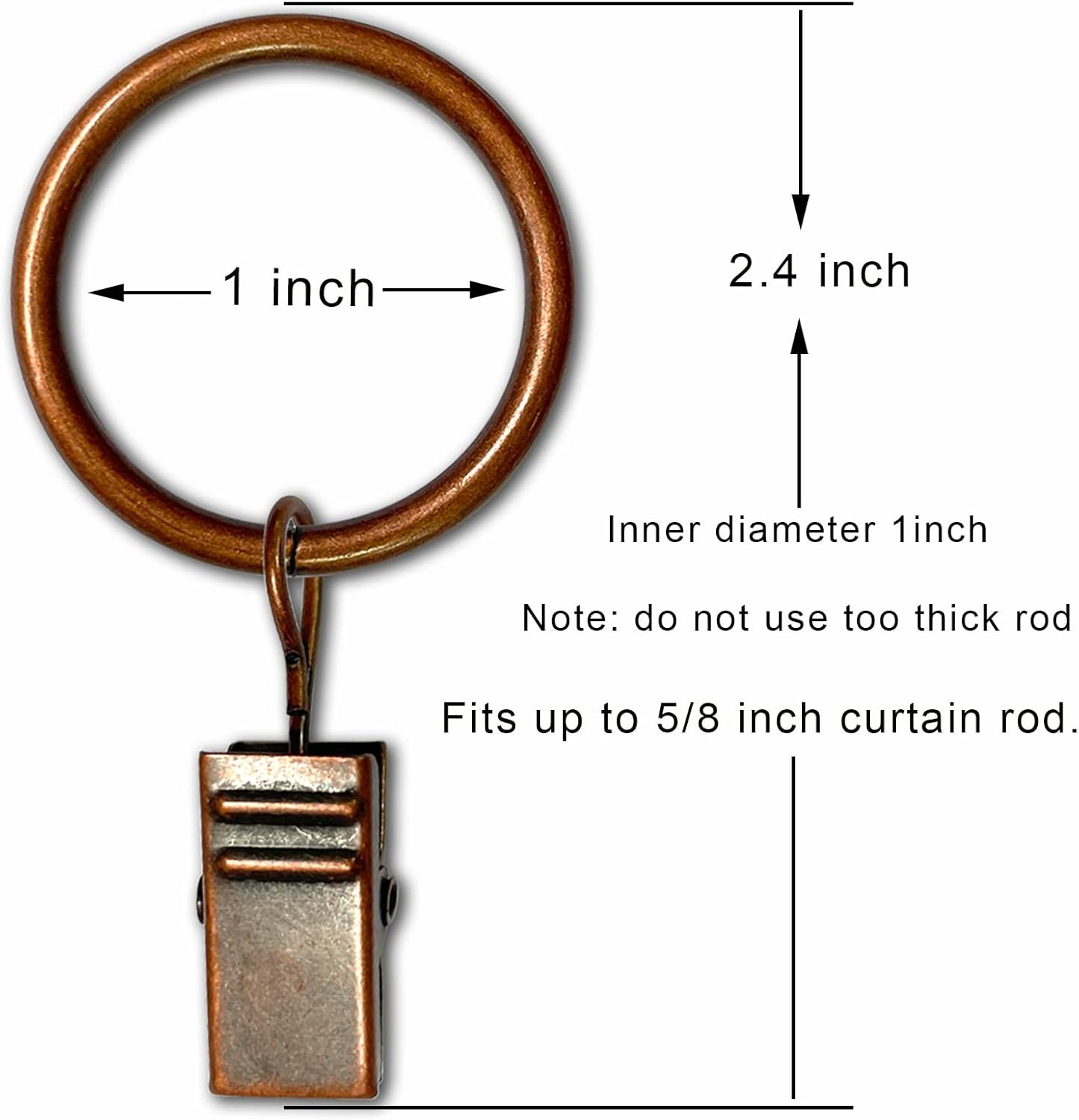 100 Pack Antique Copper Curtain Rings with Clips, Curtain Hooks Hangers Clip Rings for Hanging Drapes Bows Hat, Drapery Rings 1 in I D, Fits up to 5/8 in Diameter Curtain Rod.