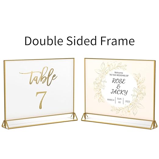 NIUBEE 6Pack 6 x 4 Horizontal Clear Acrylic Sign Holder with Gold Borders, Double Sided Table Menu Stands Picture Frames for Wedding Table Numbers, Restaurant Signs, Photos and Art Display