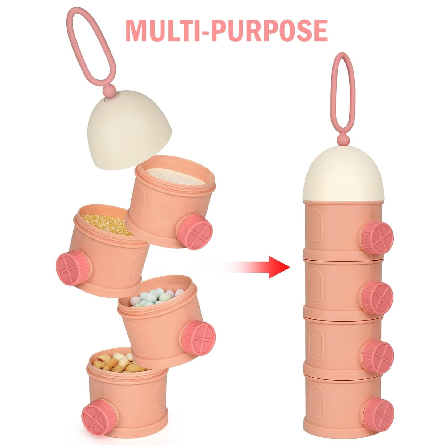 Accmor Formula Dispenser On The Go, 4 Layers Stackable Formula Container to Go, Non-Spill Portable Milk Powder Baby & Kids Snack Container, Pink