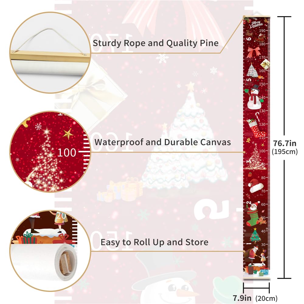 Christmas Baby Growth Chart for Wall, Height Chart for Kids, Xmas Kids Nursery Decor, Hanging Ruler Wall Decor, Kids Room Decor, Holiday Gifts for Boys Girls Toddlers - 76.7 x 7.9in with Beige Wood