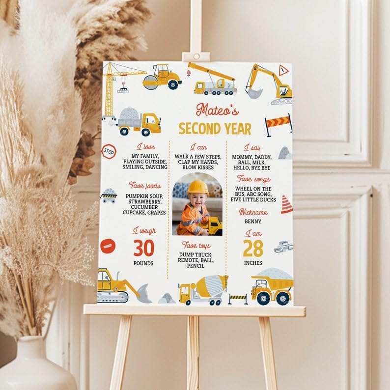 Generic Personalized Construction Birthday Milestone Sign, Boy 1St Birthday Photo Milestone Poster, Dump Truck Milestone Board, Design 09