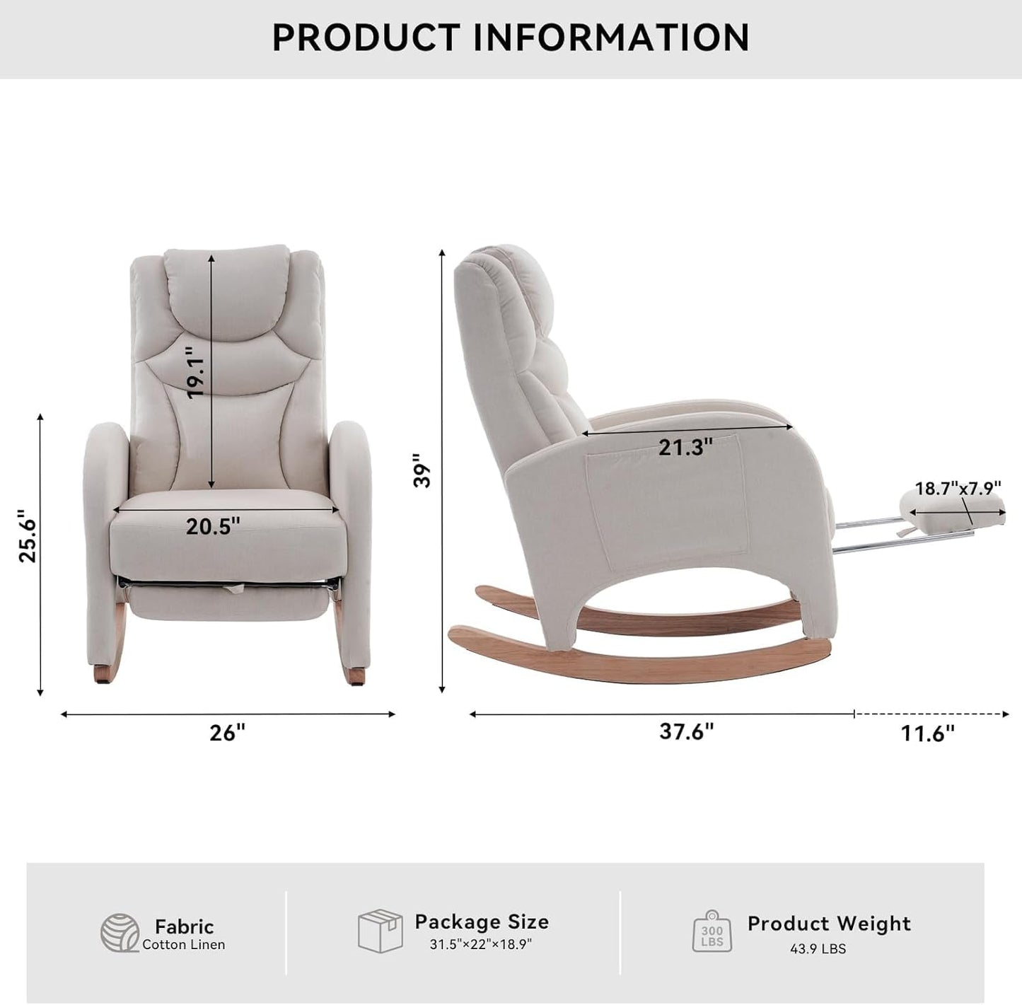 Rocking Chair Nursery,Modern Glider Chair with Adjustable Footrest and Solid Wood Legs,High Backrest Nursery Chair with Side Pocket,Rocker Armchair for Living Room Bedroom Cotton Linen, Beige