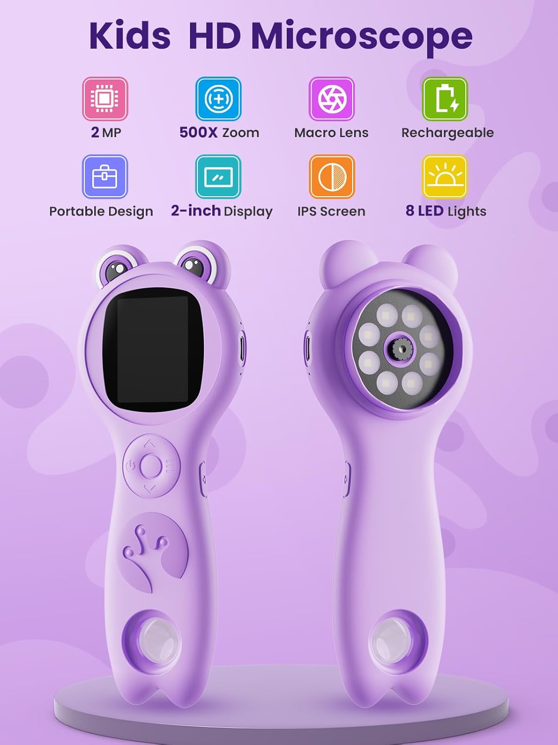 Microscope for Kids, 2 Inch Digital Microscope with 500X Magnifying Glass, 4× Zoom Handheld Camera Mini Pocket Magnification, Educational Science Toys for Ages 3+, Purple