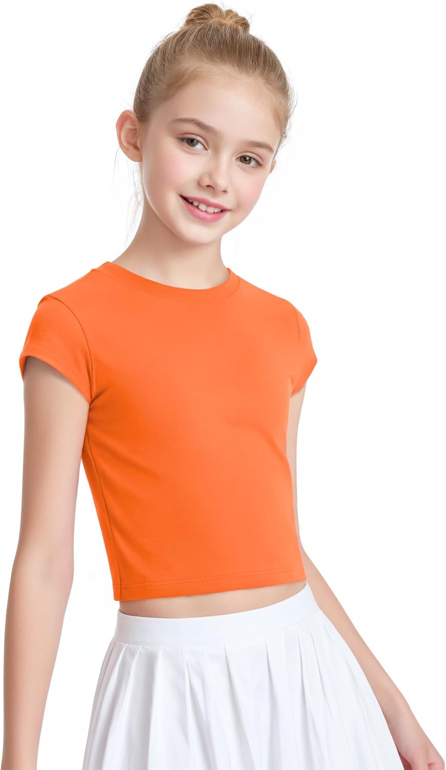 Auranso Girls Crop Tops Summer Short Sleeve Round Neck T Shirts Basic Tee for Kids