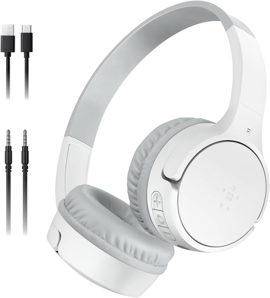 Belkin SoundForm Mini - Wireless Bluetooth Kids Headphones, 30H Battery, 85dB Safe Volume Limit, Built-in Microphone - Toddler On-Ear Earphones for iPhone, iPad, Fire Tablet, Ideal for School - White