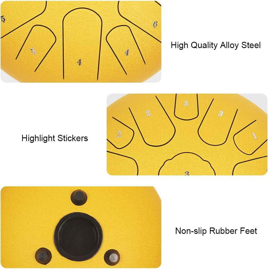 Rain Drum for Outside Garden,Steel Tongue Drum 12 Inches 15 Notes Musical Instruments, Handpan Drum Percussion Instrument, with Soft Bag, Music Book, 2 Mallets, for Meditation or Yoga(Yellow)
