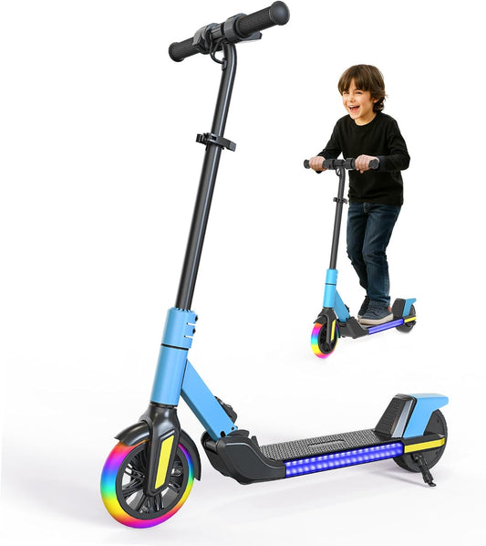 Foldable Children's Electric Scooter (Ages 6-14) - Top Speed 16 km/h, Maximum Range 8 km, 7-inch Illuminated Front Wheel, 6-inch Solid Rear Wheel