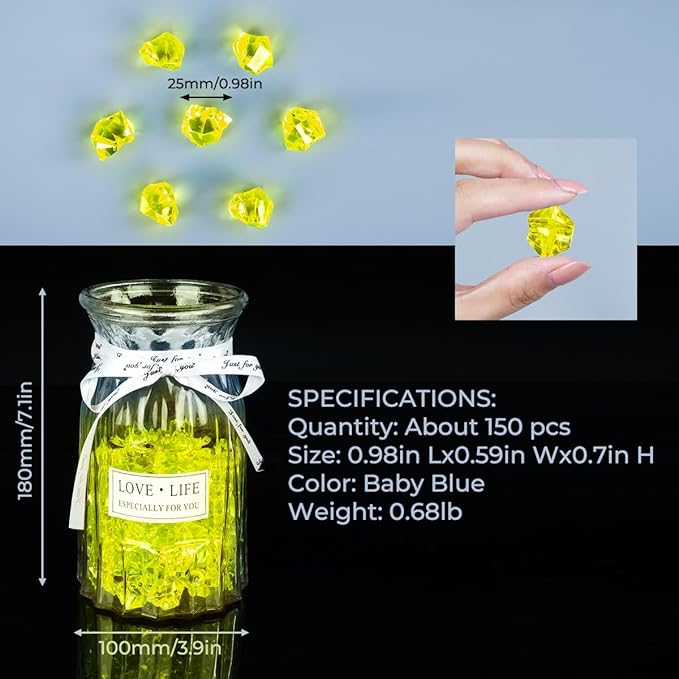 Babenest Acrylic Crushed Ice Rocks, 150 PCS Fake Crystals Plastic Ice Cubes Diamonds Gems for Vase Fillers, Home Decoration, Table Scatter, Event, Wedding, Arts & Crafts (Yellow)