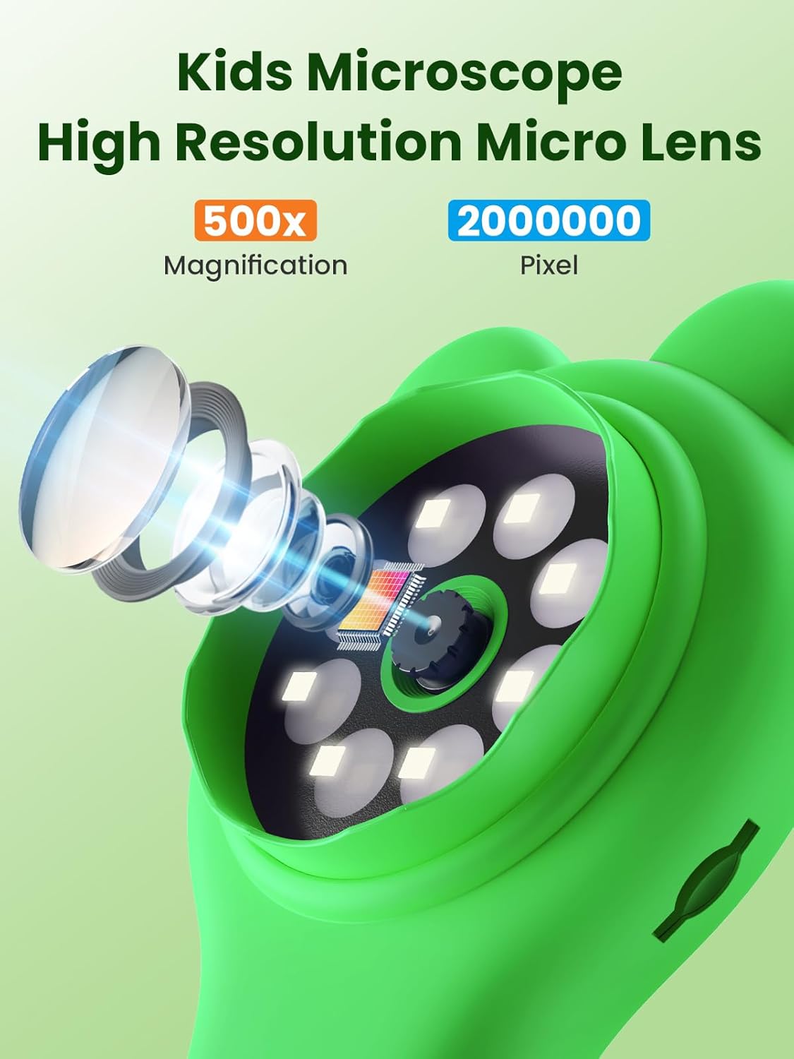 Microscope for Kids, 2 Inch Digital Microscope with 500X Magnifying Glass, 4× Zoom Handheld Camera Mini Pocket Magnification, Educational Science Toys for Ages 3+, Green
