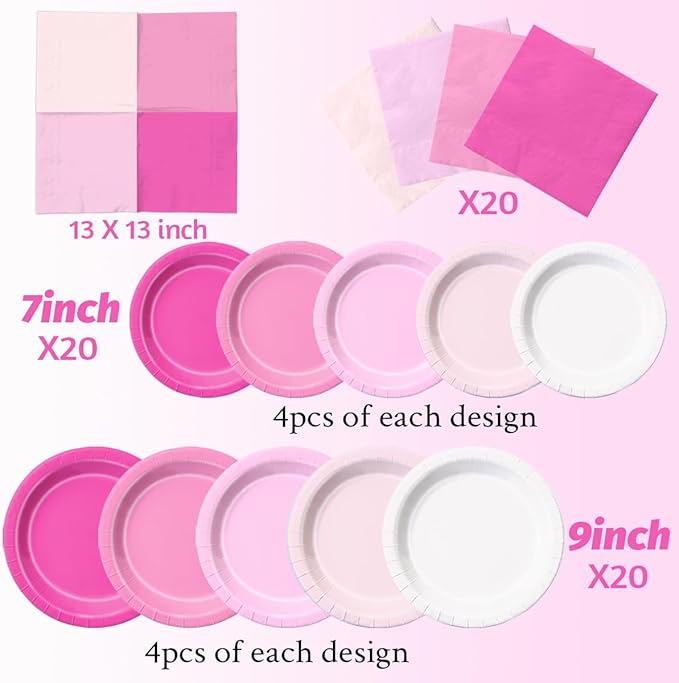 CMUSKO Pink Birthday Decorations-60Pcs Light Pink Plates and Napkins Kit Girls Gradient Pink Party Supplies for Birthday,Wedding, Bridal Shower