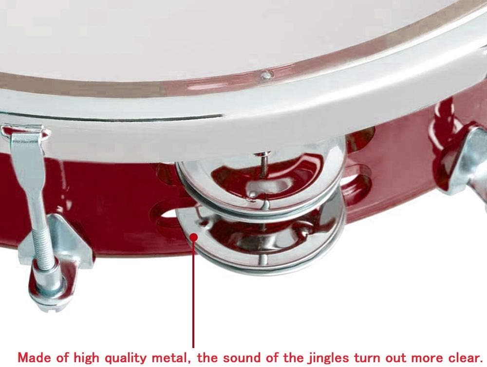 ENNBOM Tambourine Adjustable Tone Hand Drum Double Row Metal Jingles Hand Bell Performance Level Handheld Percussion (Red)
