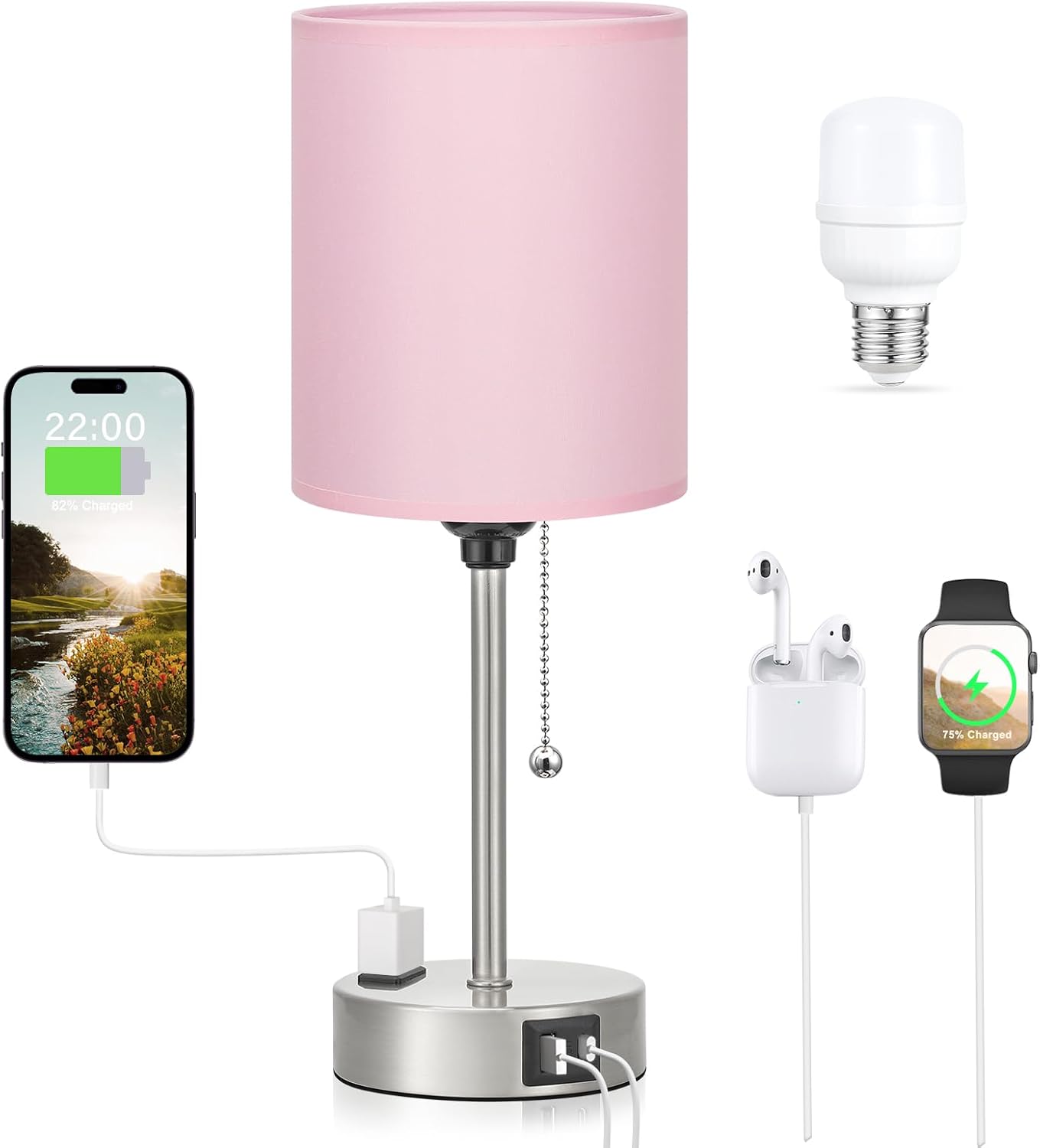 Pink Bedroom Lamp for Bedside - 3 Color Temperatures Desk Lamp with USB C and A Ports, Pull Chain Table Lamp with AC Outlet, Nightstand Lamp with Silver Metal Base for Kids Girls