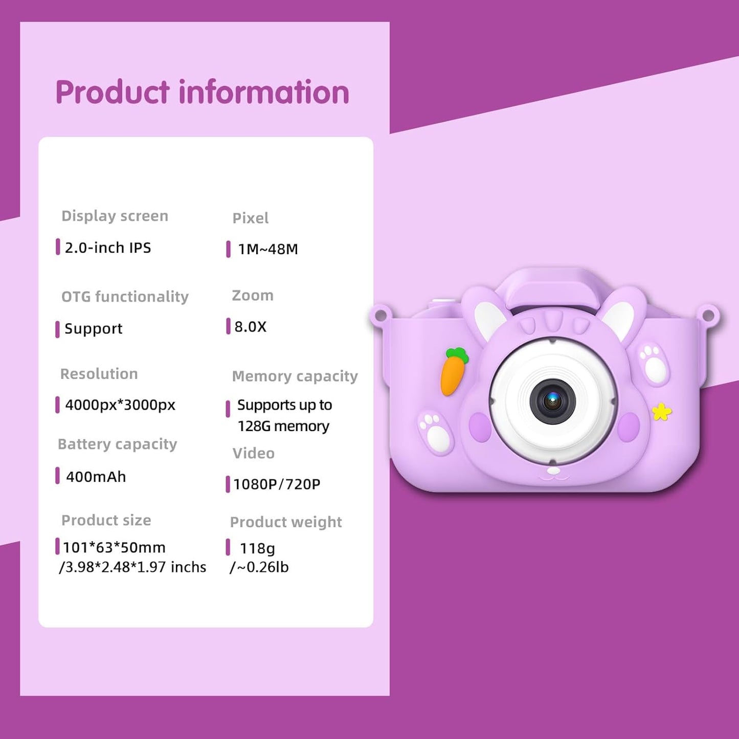 Kids Camera Toys,48MP Dual Lens with 64G SD Card and Cartoon Soft Cover for 3-8 Year Old Girls Boys (PurpleR)