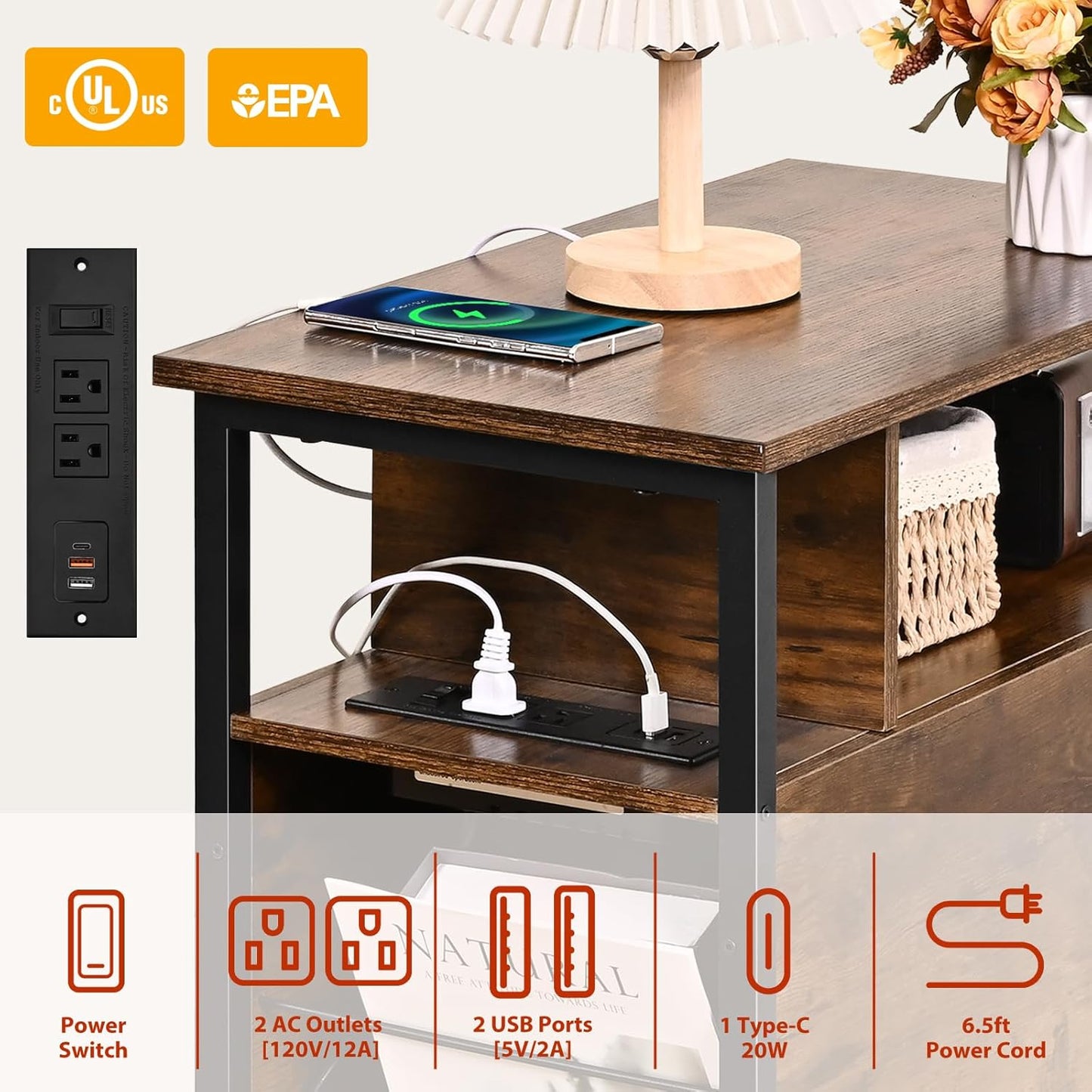 Side Tables with Charging Station, Narrow End Table with 2 Wooden Drawers, USB Ports and Power Outlets, Narrow Nightstand and Bedside Table, Side Tables Living Room, Bedroom, Brown