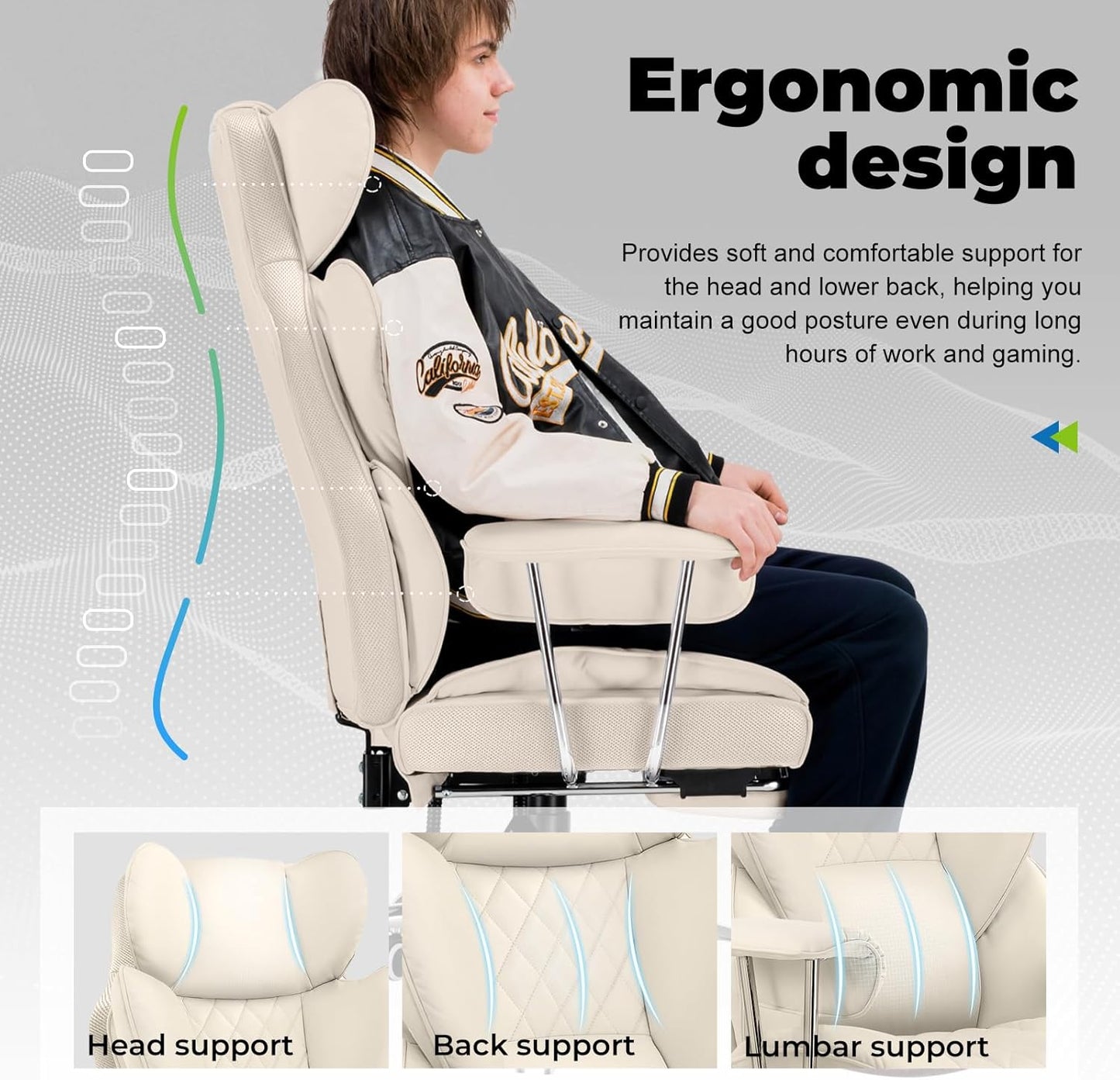 COMHOMA Big and Tall Office Chair, High Back Leather Gaming Chair with Footrest, Executive Ergonomic Office Chairs with Pocket Spring Lumbar Support and with Outward Fixed Soft Armrests