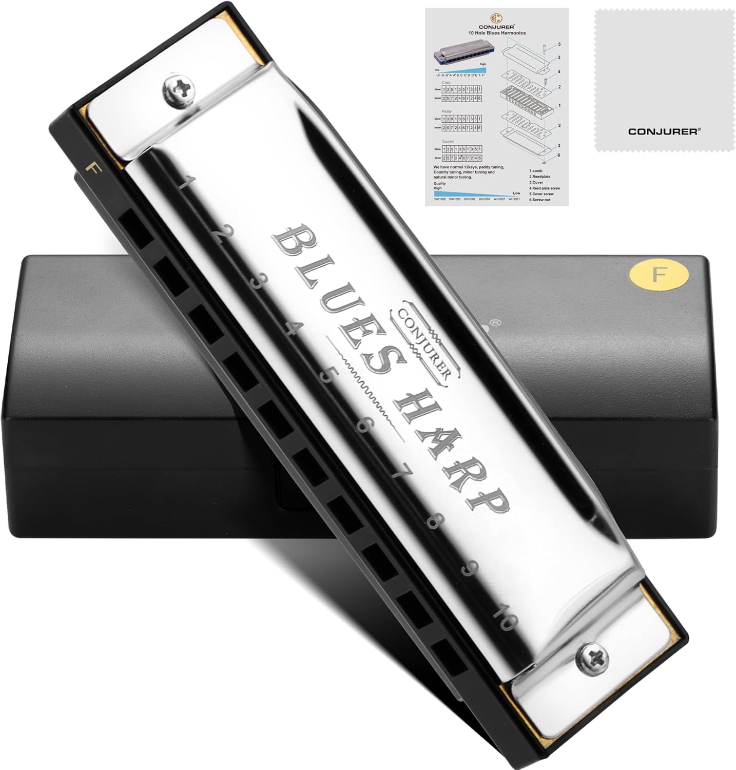 CONJURER Blues Harmonica for Beginners, 10 Hole F Key Diatonic Blues Harp with Stainless Steel Cover & Phosphor Bronze Reeds, Professional Grade for Adults, Gifts (Silver F)