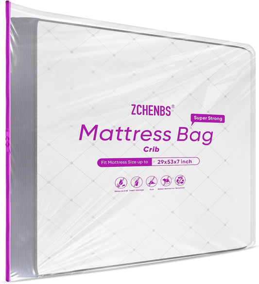 ZCHENBS® – Mattress Bags for Moving and Storage,Mattress Bag with Zippers,5 Mil Ultra-Thick Bed Bag,Waterproof,Anti-Tear,Heavy-Duty Mattress bag (Tansparent/Purple, Crib-(1 Pack))