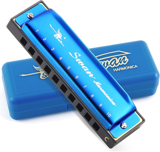 SWAN Blues Harmonica Key of C Mouth Organ Diatonic Harmonica with Case, 10 Hole 20 Tones Stainless Blues Harp for Adults, Beginners and Professional (Sapphire Blue)