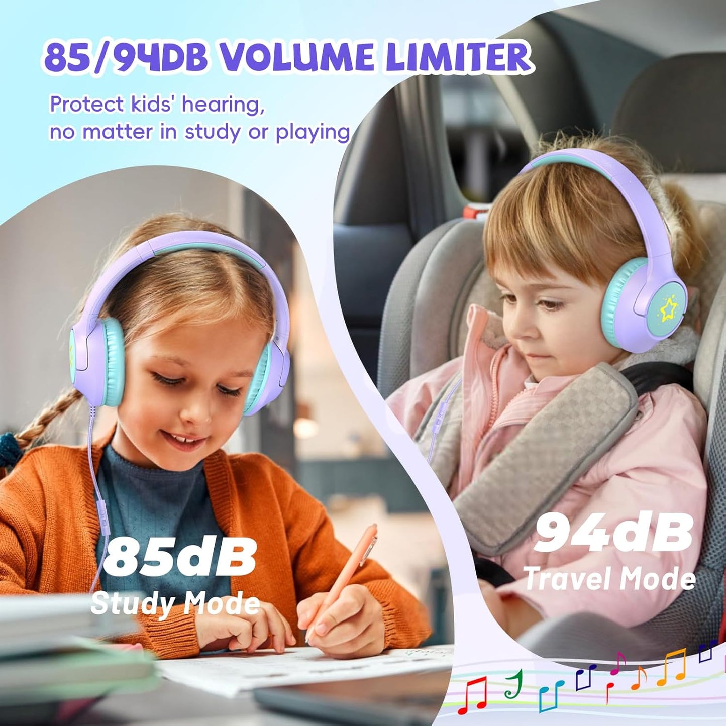 Kids Wired Headphones for School, 85/94 dB Volume Limit, Wired Over Ear Headphones for Girls Kids with Microphone, Foldable Stereo Sound 3.5mm Wire Cord for Kindle Tablet Airplane Travel, Purple