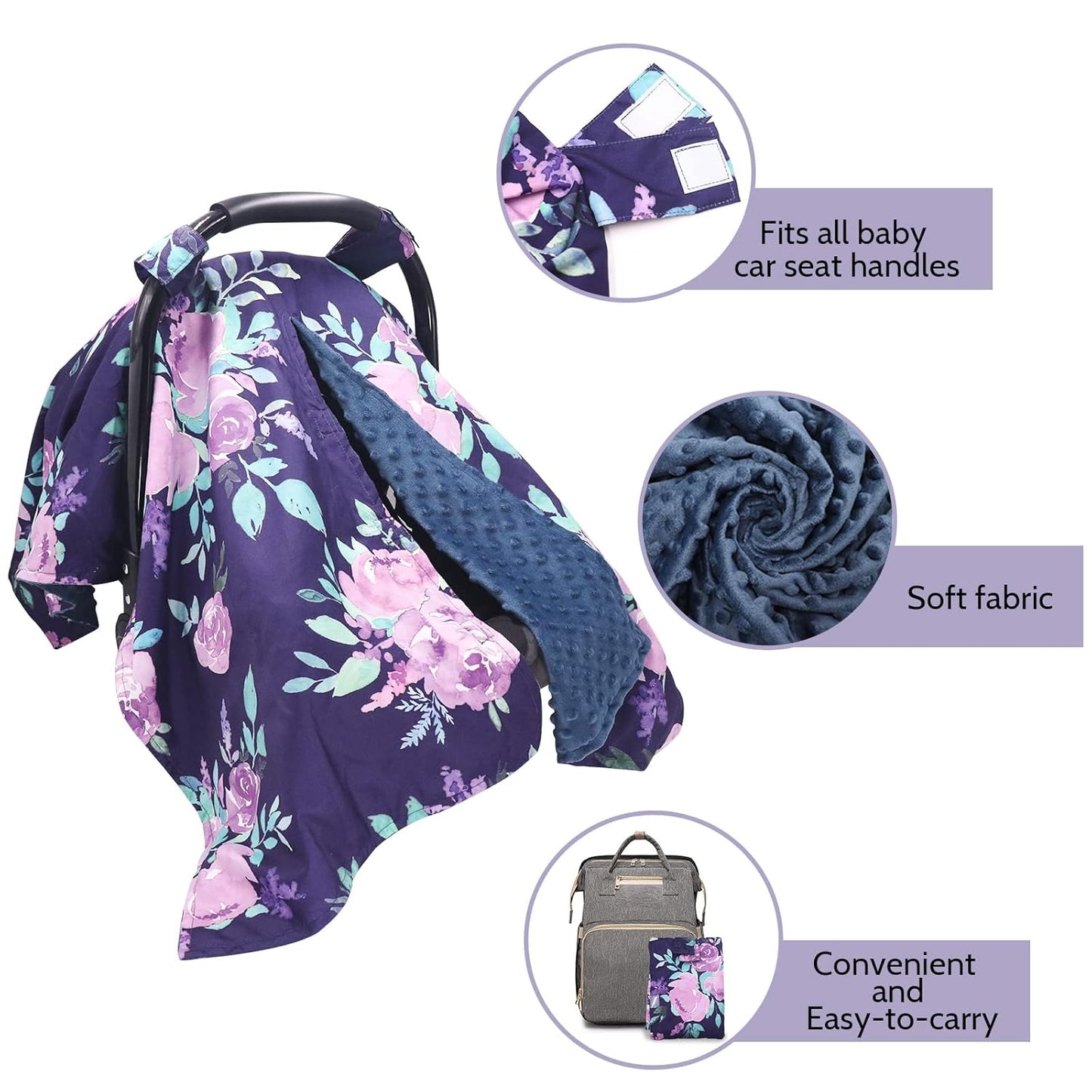 TANOFAR Car Seat Cover Baby, Carseat Covers Baby Boy Girl, Peekaboo Opening Infant Car Seat Cover for Winter, Warm & Cozy, Purple Floral