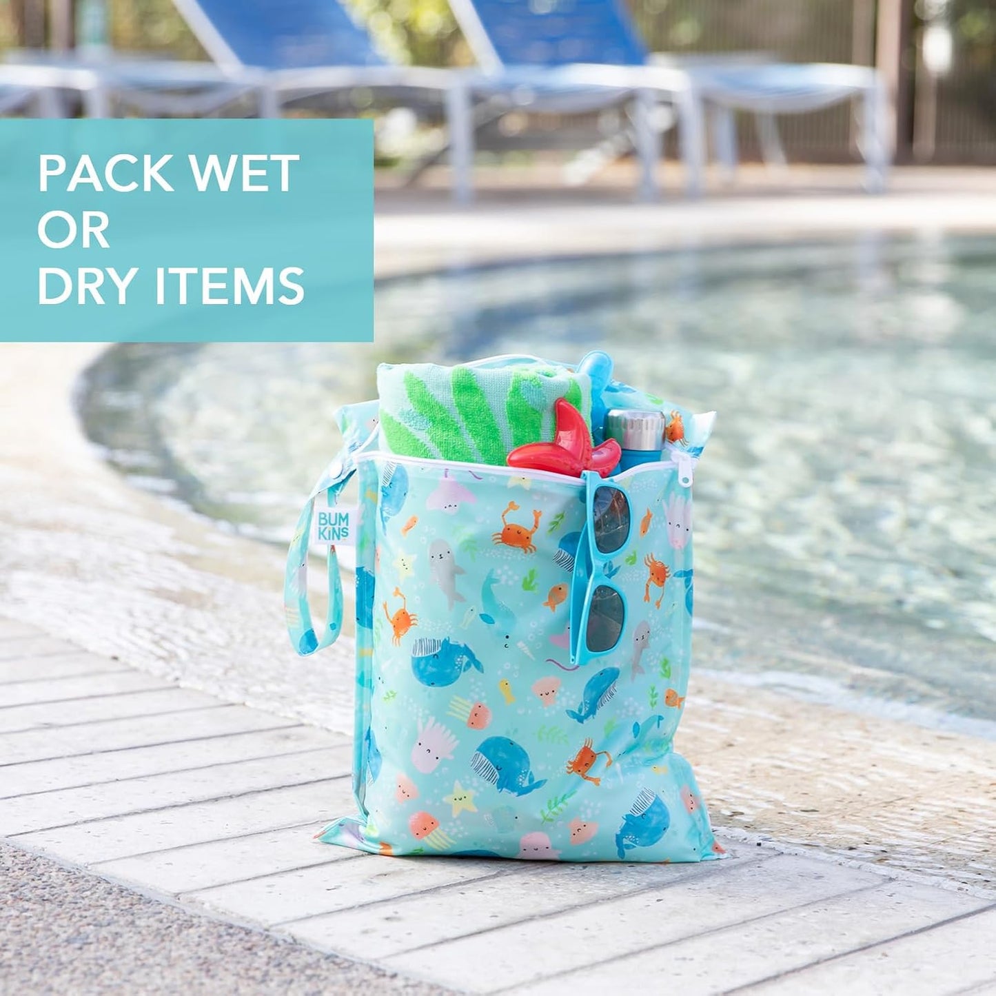 Bumkins - Waterproof Wet Bag - For Baby, Travel, Swim Suit, Cloth Diapers, Pump Parts, Pool, Gym, Toiletry, Strap to Stroller - Reusable & Easy to Clean - 2pk - Ocean & Jungle