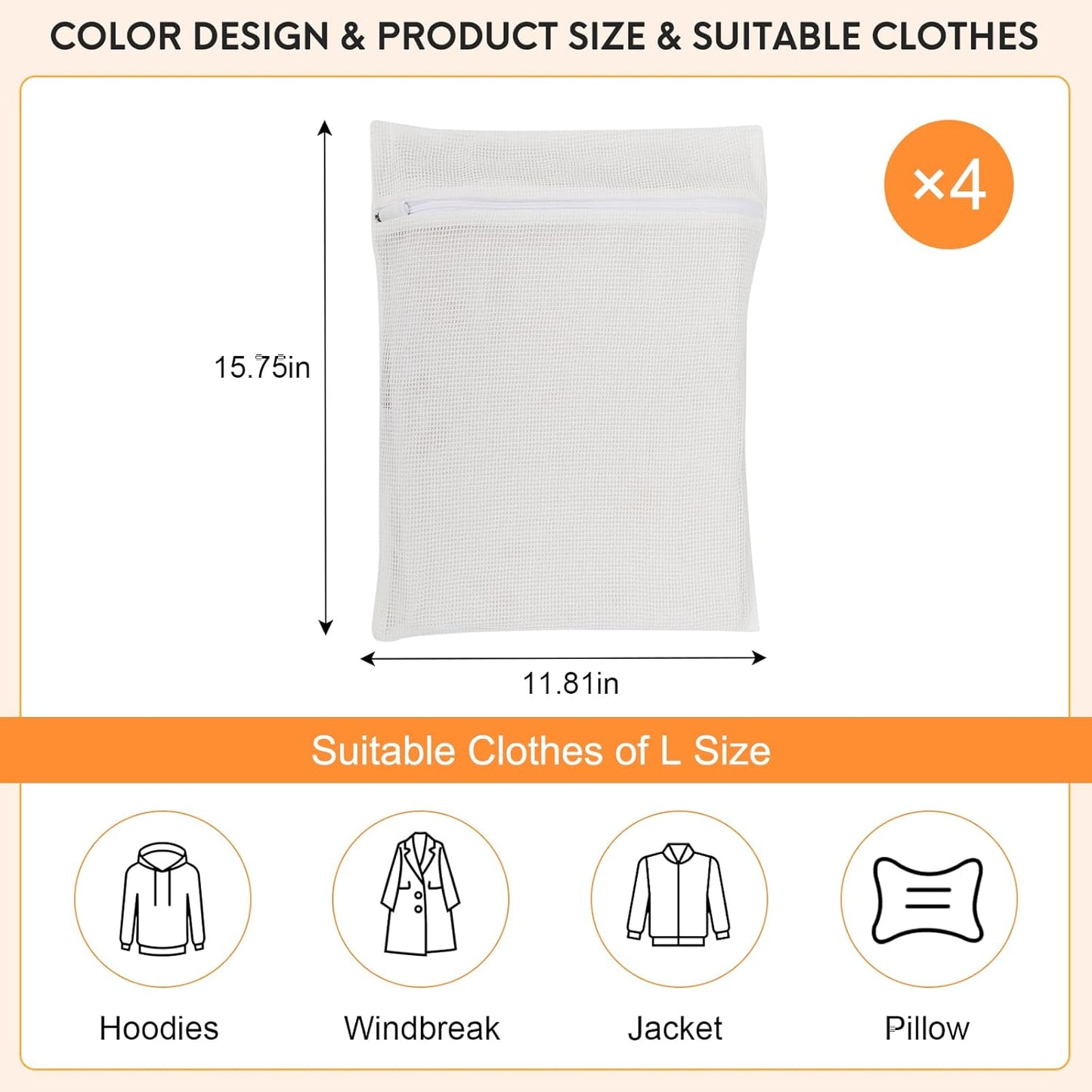 4-Piece White Medium Durable Organic Cotton Mesh Laundry Bags with Sturdy Zippers and Breathable Mesh are Delicate Laundry Bags for Underwear, Clothes, Pants and Socks