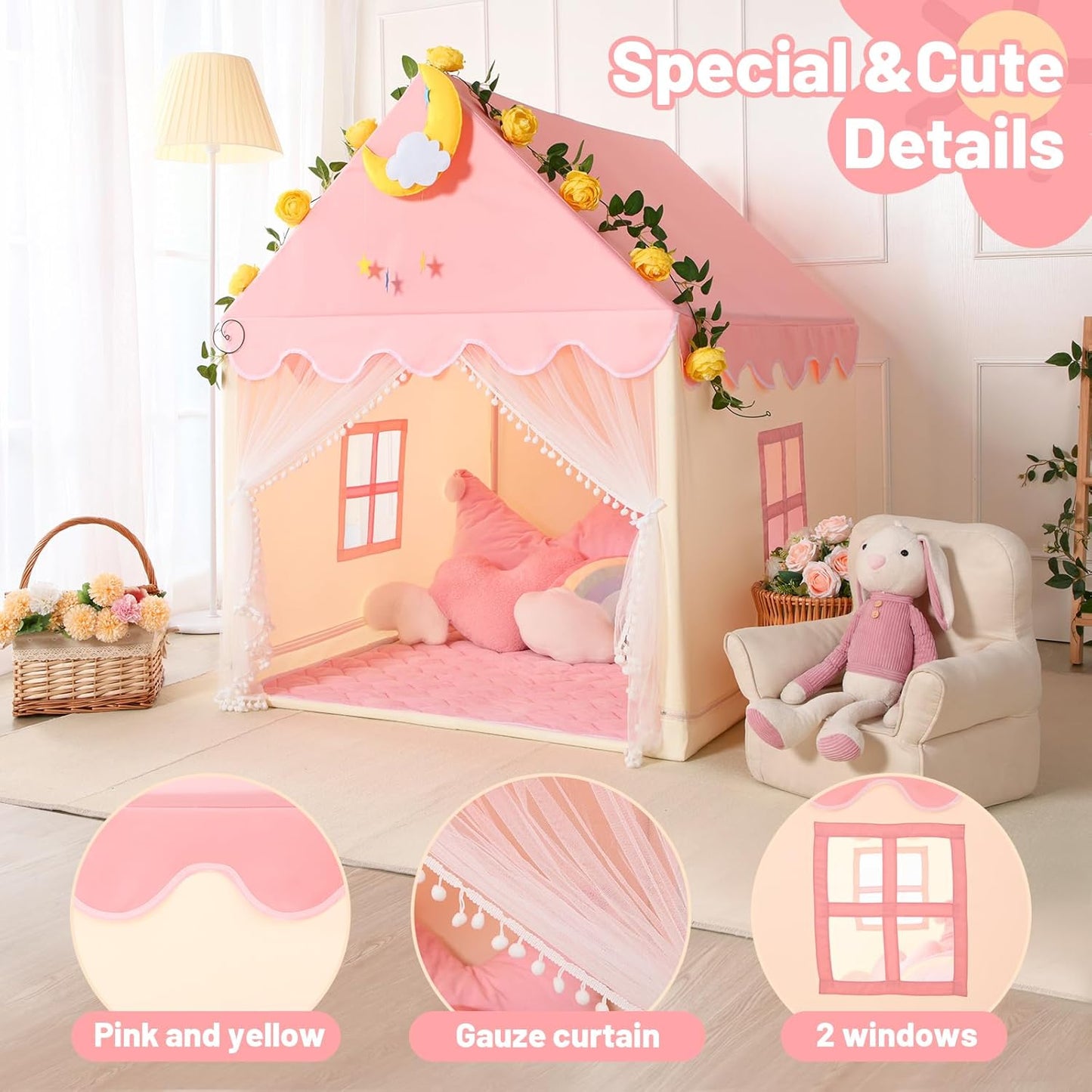 Wilwolfer Kid Tent with Mat, Star Lights - Kids Play Tents for Toddlers Kids Tents Indoor Playhouse - Princess Tent for Girls Toy House Gift (Pink with Mesh)