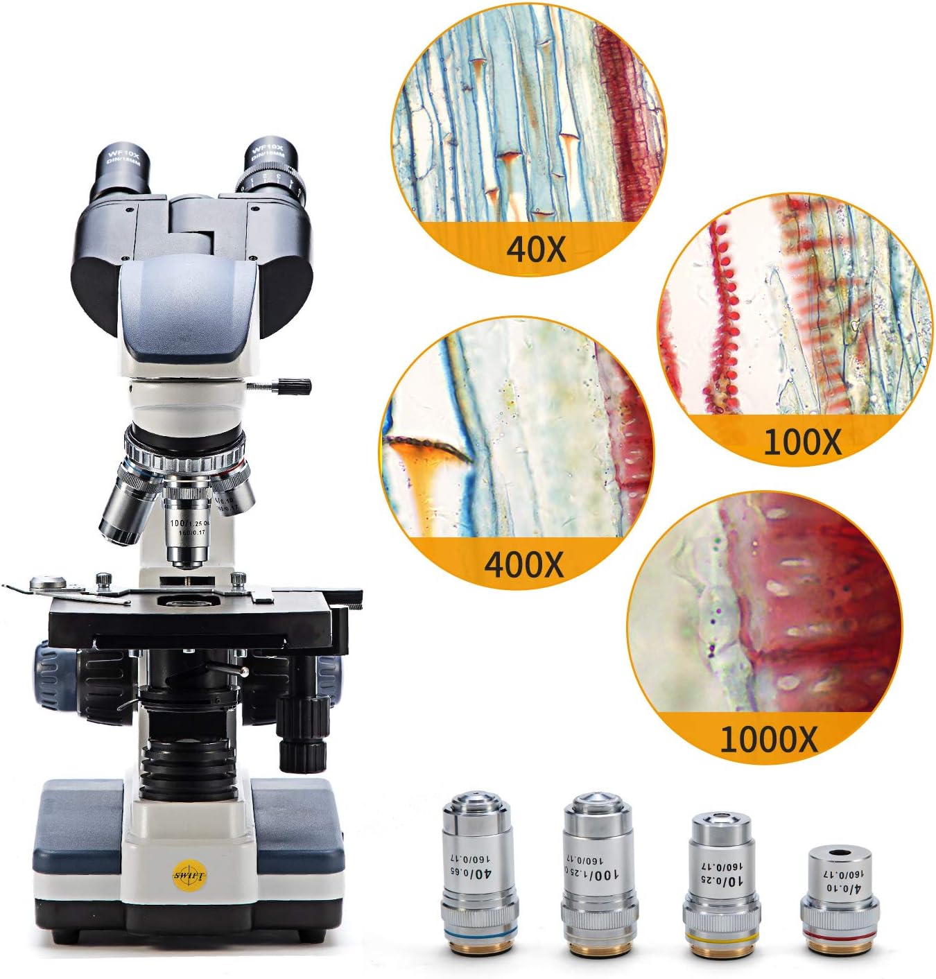 Swift Binocular Compound Microscope SW350B, 40X-2500X Magnification,Siedentopf Head,Research-Grade,Two-Layer Mechanical Stage,1.3mp Camera and Software Windows and Mac Compatible
