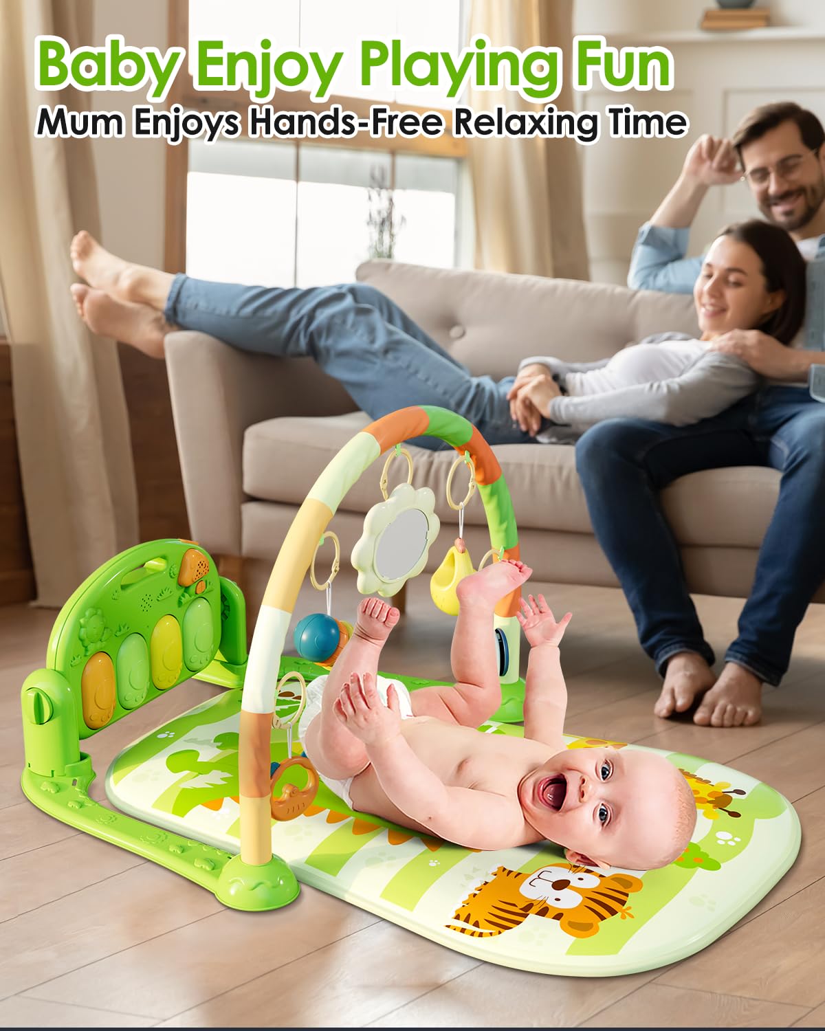 Dearlomum Baby Play Mat & Gym, Funny Piano Tummy Time Activity Mat with 5 Sensory Toys, Music & Lights - Boy & Girl Gifts (0-12 Months, Green)