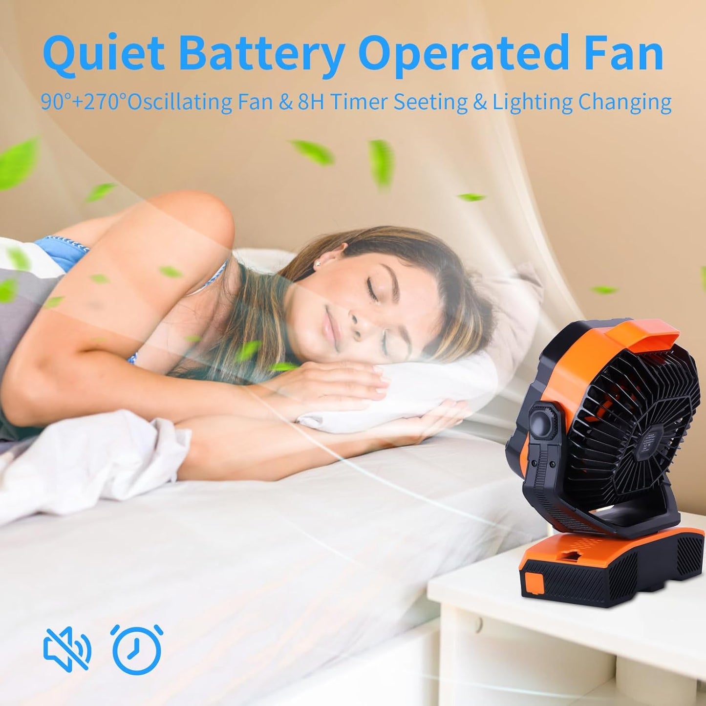 20000mAh Camping Fan Oscillating Portable Fan Battery Powered Fans Rechargeable Camping essentials with Light Hook, 270° Pivot USB Desk Battery Operated Outdoor Tent Travel
