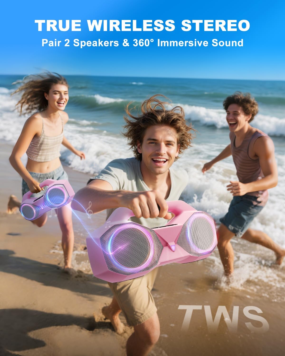 Bluetooth Speaker 80W(Peak)Loud with Bass, 20H Playtime, IPX7 Waterproof, RGB Lights, TWS, Large Portable Wireless Speakers for Outdoor, Home, Party, Pool, Beach, Tailgating, Gym, Work, Gifts (Pink)