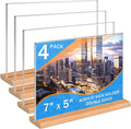 Kersally Acrylic Sign Holder 7 x 5'', 4 Pack Double-Sided Clear Table Display Stands with Wood Base,Horizontal Acrylic Frame Menu Flyer Paper Holder for Store, Restaurant, Hotel, Office, Show Fair