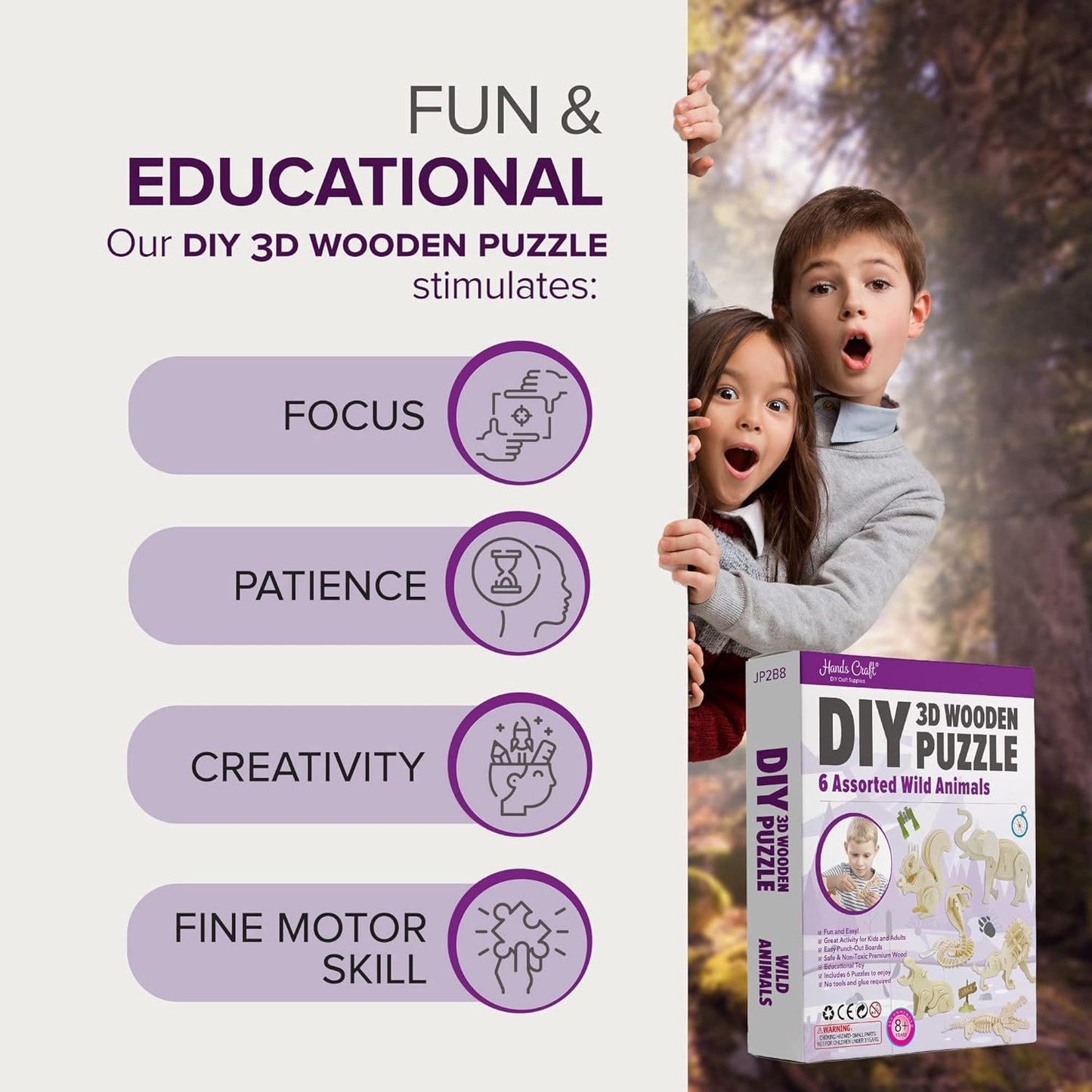 Hands Craft DIY 3D Wooden Puzzle – 6 Assorted Wild Animals Bundle Pack Set Brain Teaser Puzzles Educational STEM Toy Adults and Kids to Build Safe and Non-Toxic Easy Punch Out Premium Wood JP2B8