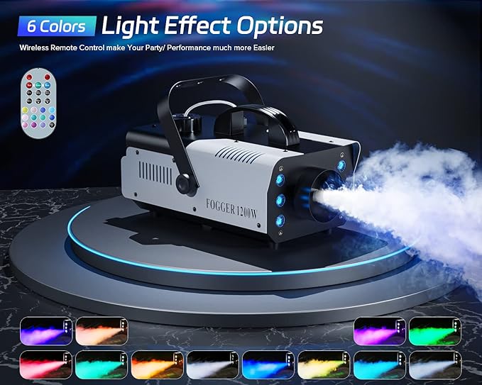 1200W RGB Fog Machine, 6 Colorful LED Lights for Smoke Machine Indoor/Outdoor Use, Perfect for Parties, Weddings, and Stage Effects 2PC