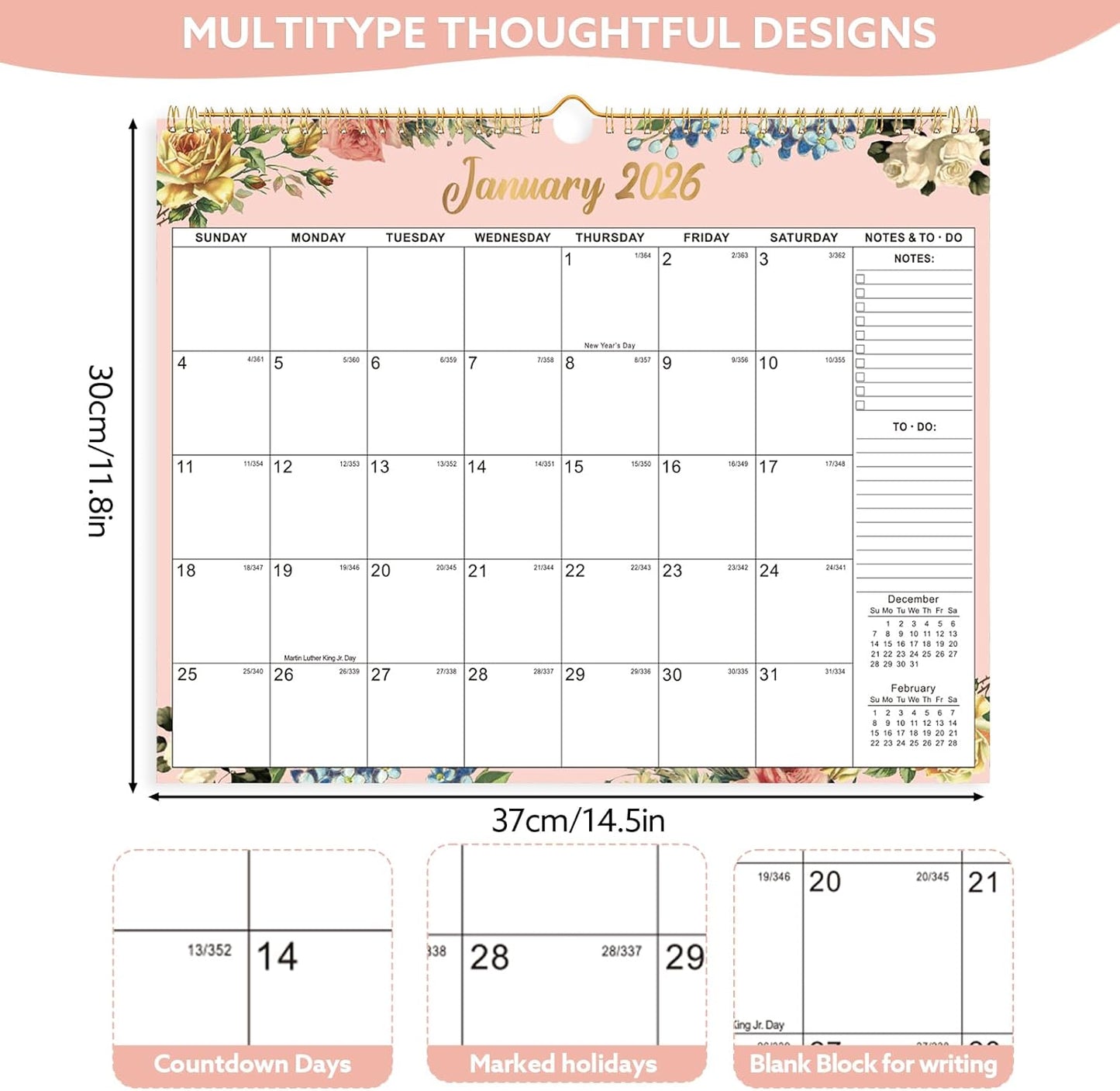 Wall Calendar 2026-2027, 18 Month Large Desk Calendar from January 2026 to June 2027 14.5" x 11.8" Monthly Calendar with Twin-Wire Binding for Home Office Planning Organisers, Flower Design