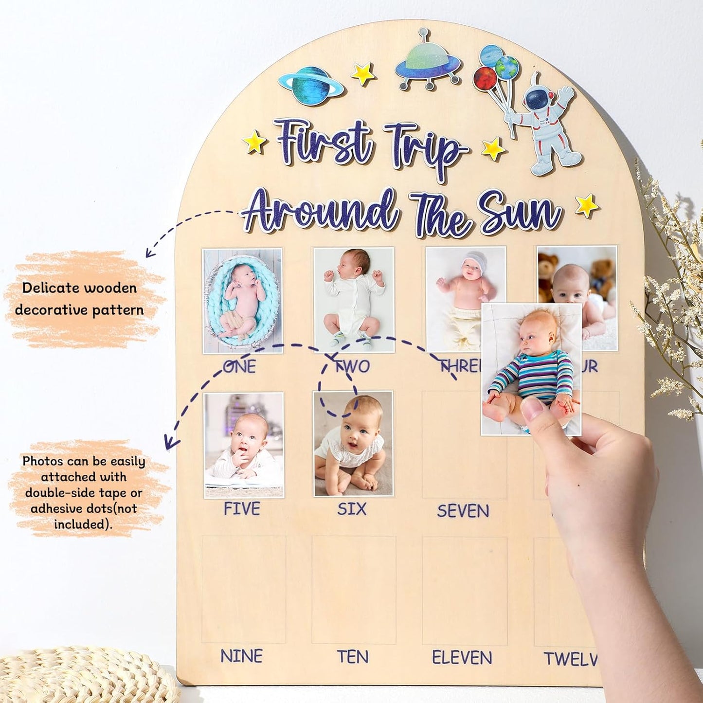 Space First Trip Around The Sun Photo Board One Year Birthday Party Decoration First Year Milestone Photo Board 12 Monthly Picture Frame 1st Birthday Banner for Baby Boy Keepsake Gift Supply 2x2.8In