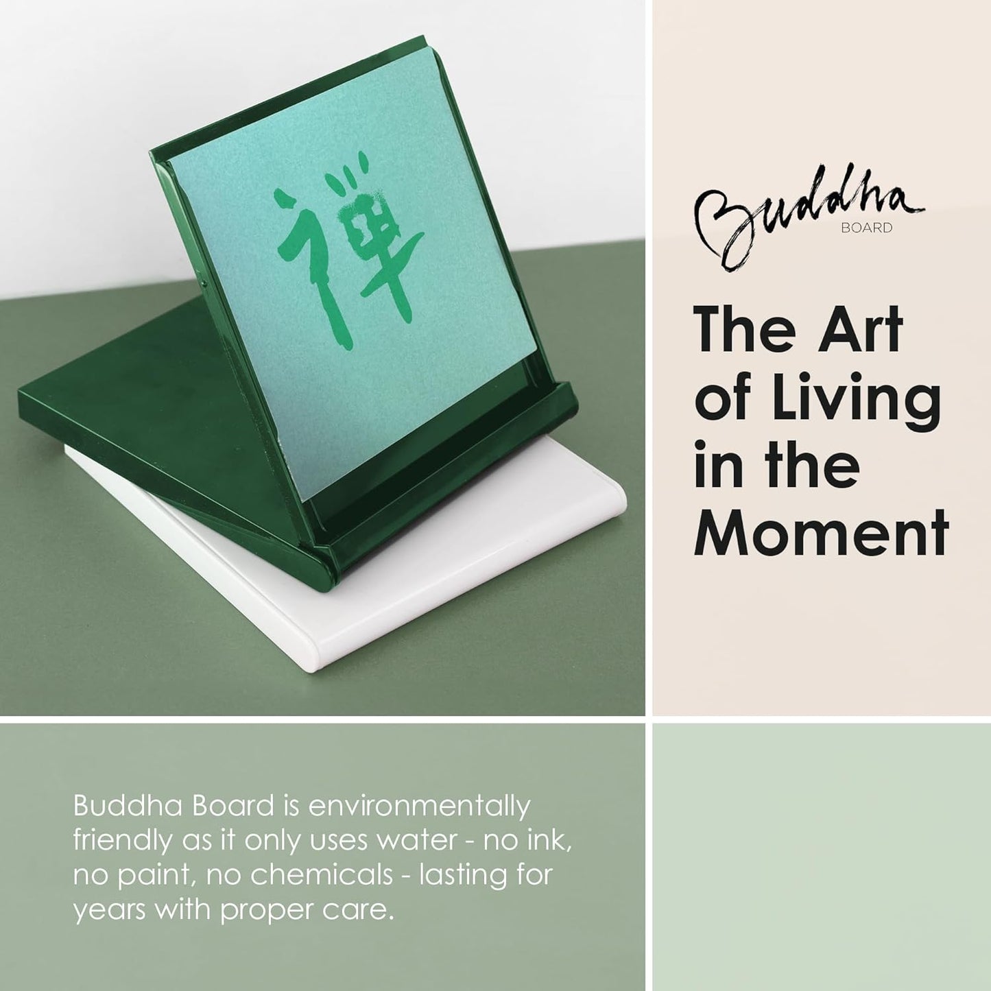 Mini Buddha Board Art Set: Water Drawing Writing Board w/ Water Brush for Mindfulness & Meditation – Inkless Zen Based Drawing Board - Painting & Art Supplies – Ideal Relaxation Gifts (5” x 5”, Green)