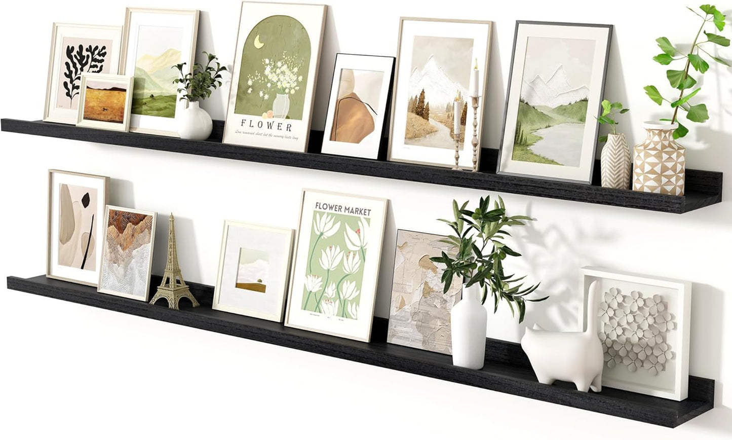 Fun Memories Black Long Picture Shelves 72 Inch, Solid Wood Floating Shelves Photo Shelf with Lip, Large Wall Mounted Display Shelves for Living Room, Bedroom, Kitchen