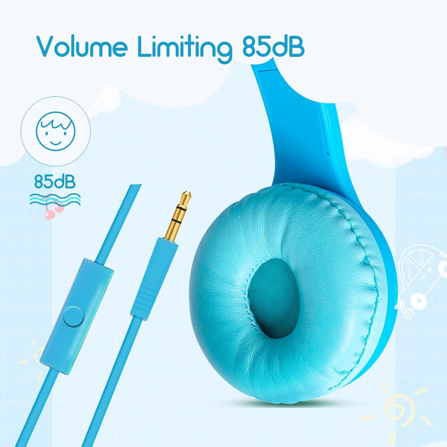 Olyre Kids Headphones with Sharing Port and Microphone, Girls Boys Headphone LED Cat Ears 85dB Volume Limited for Children/Toddler Wired On Ear for Tablets/E-Readers/Online/School/Travel - Blue