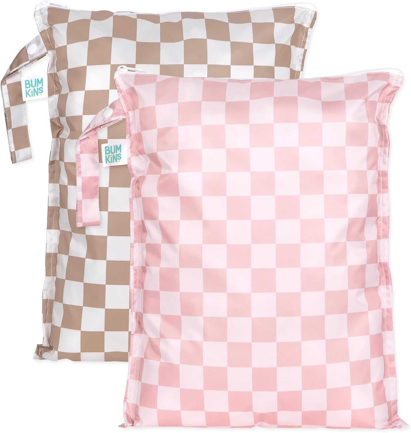 Bumkins - Waterproof Wet Bag - For Baby, Travel, Swim Suit, Cloth Diapers, Pump Parts, Pool, Gym, Toiletry, Strap to Stroller - Reusable & Easy to Clean - 2pk - Beige & Pink Check